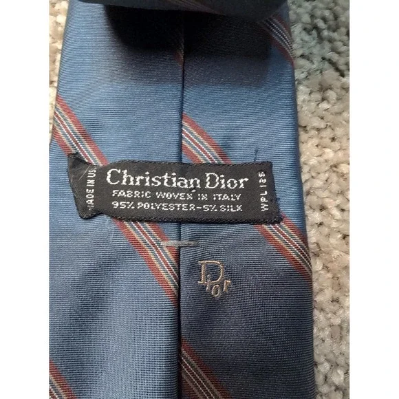 Christian Dior Mens Striped Silk Blend Necktie Blue Red White Logo Made in USA - Picture 2 of 5
